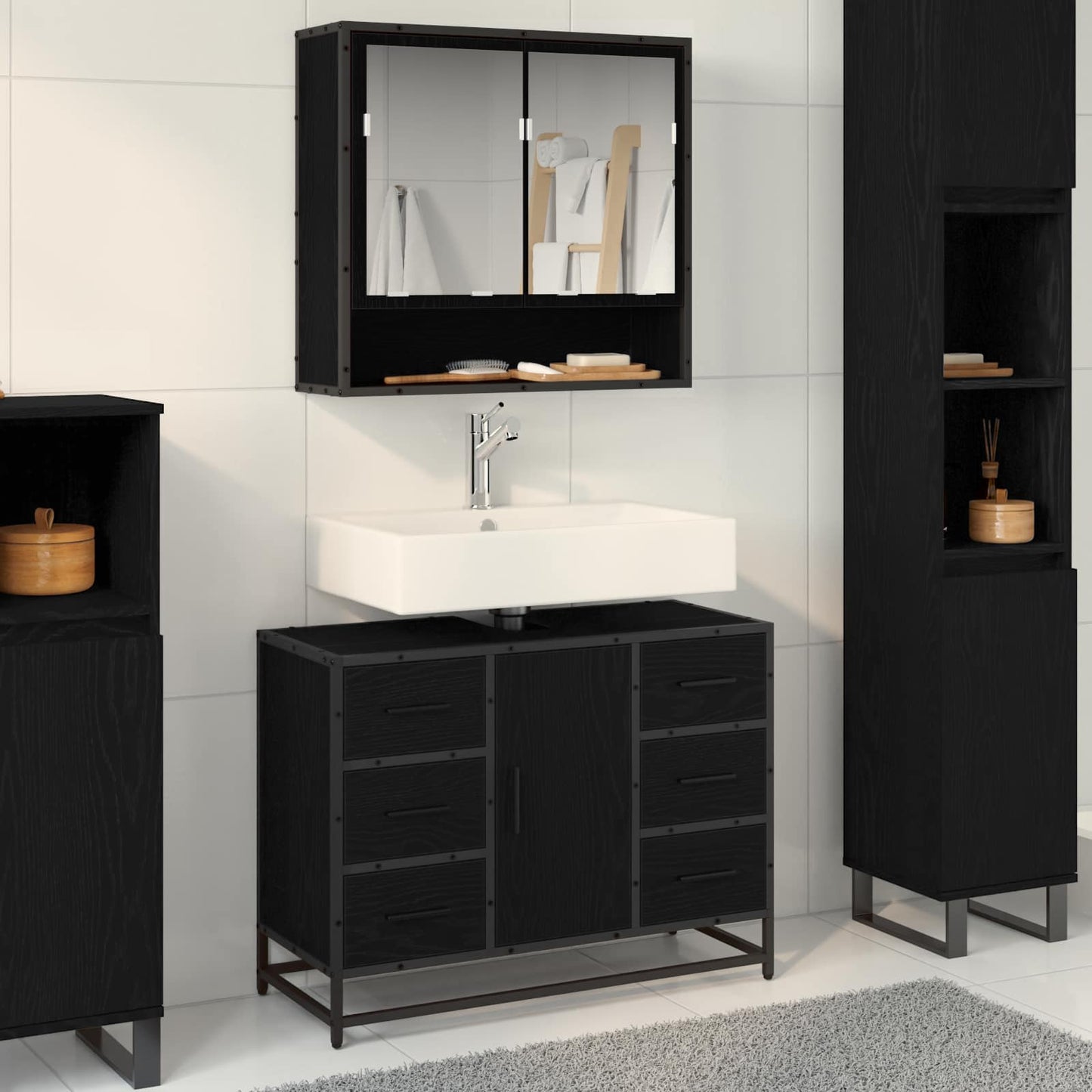 vidaXL Badezimmerschrank mit Tür Schwarz Eichen-Optik 80 x 33 x 60 cm