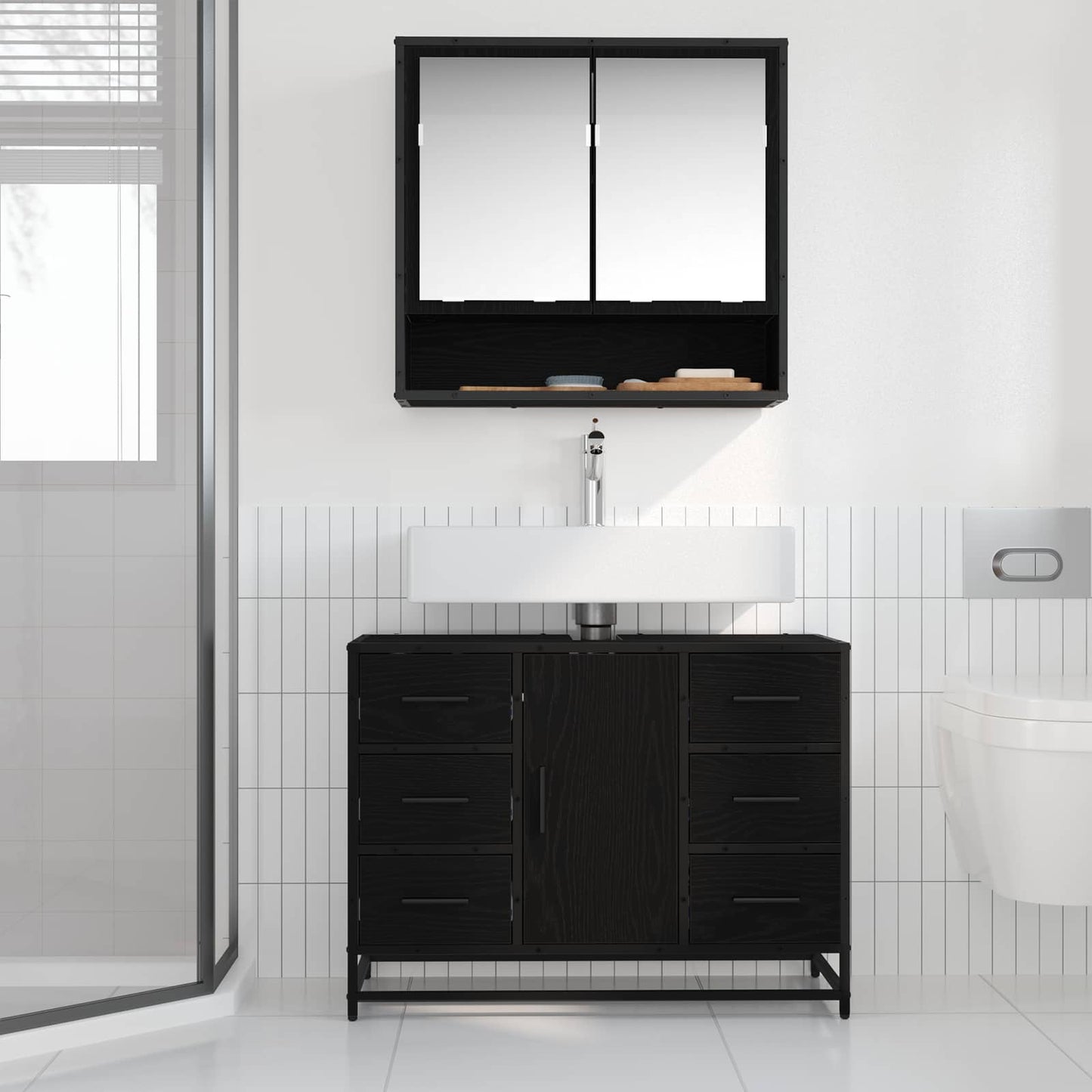 vidaXL Badezimmerschrank mit Tür Schwarz Eichen-Optik 80 x 33 x 60 cm