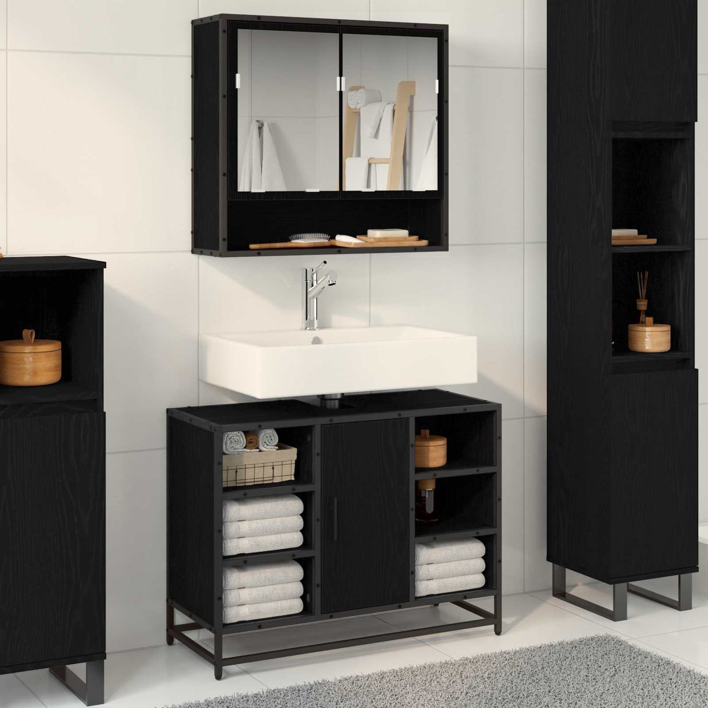 vidaXL Badezimmerschrank mit Tür Schwarz Eichen-Optik 80 x 33 x 60 cm