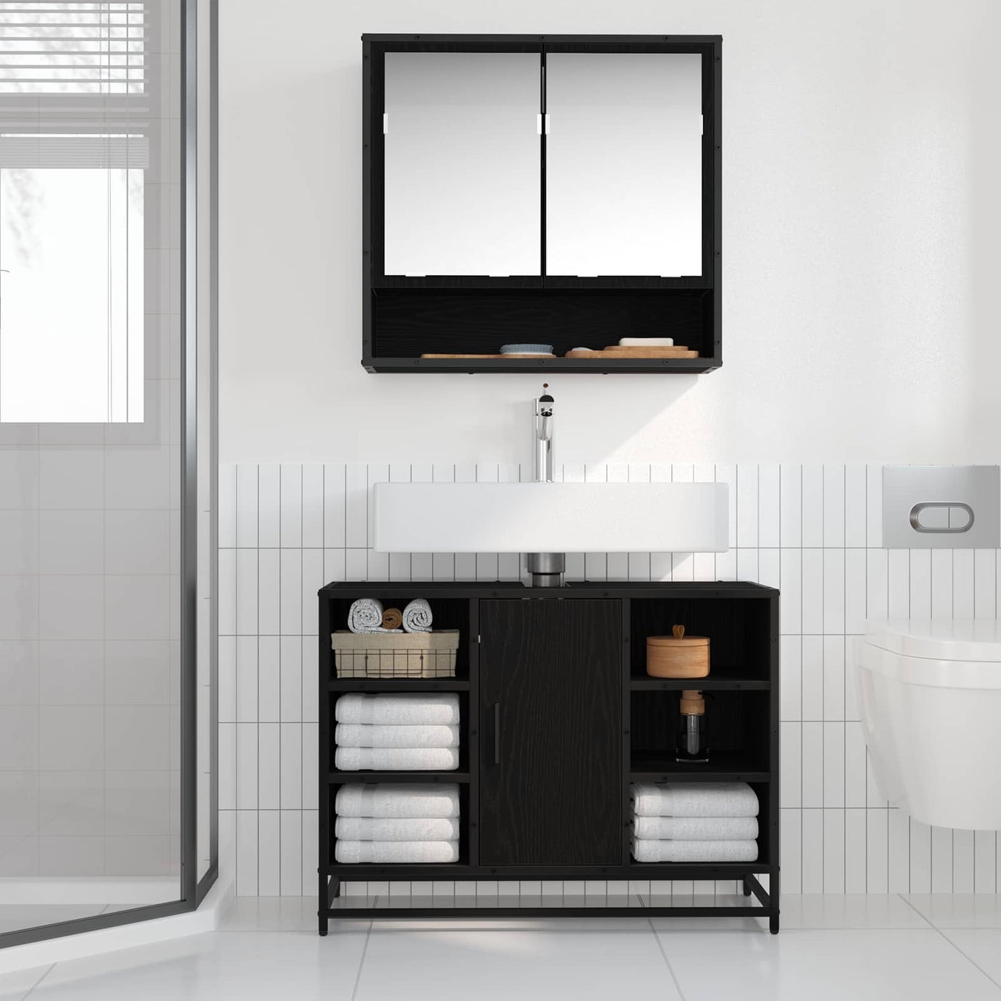 vidaXL Badezimmerschrank mit Tür Schwarz Eichen-Optik 80 x 33 x 60 cm