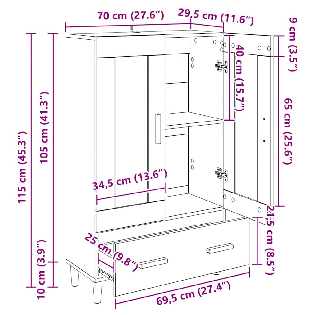 vidaXL Highboard mit Schubladen Altholz 70 x 31 x 115 cm Holzwerkstoff