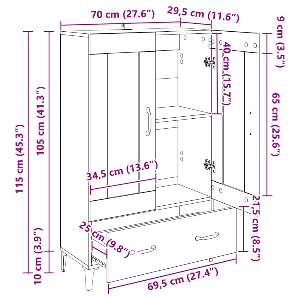 vidaXL Highboard mit Schubladen Schwarz Eichen-Optik 70 x 31 x 115 cm