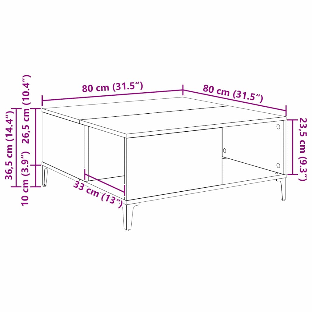 vidaXL Couchtisch Schwarz Eichen-Optik 80 x 80 x 36,5 cm Holzwerkstoff