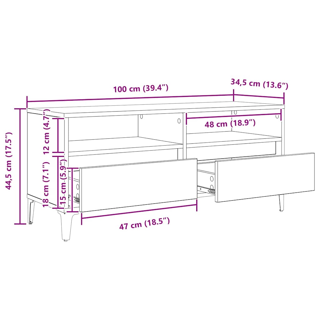 Meuble TV vidaXL avec tiroirs chêne Artisan 100 x 34,5 x 44,5 cm