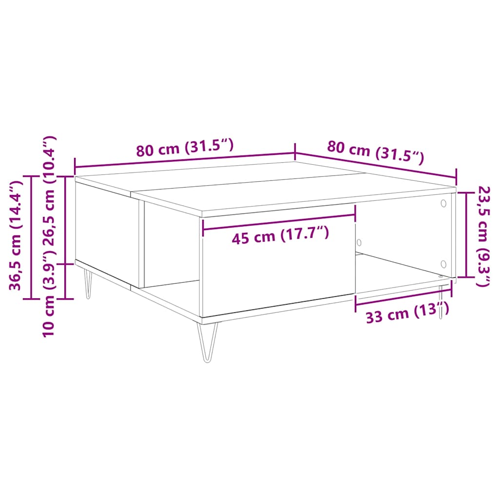 vidaXL Couchtisch Artisan-Eiche 80 x 80 x 36,5 cm Holzwerkstoff