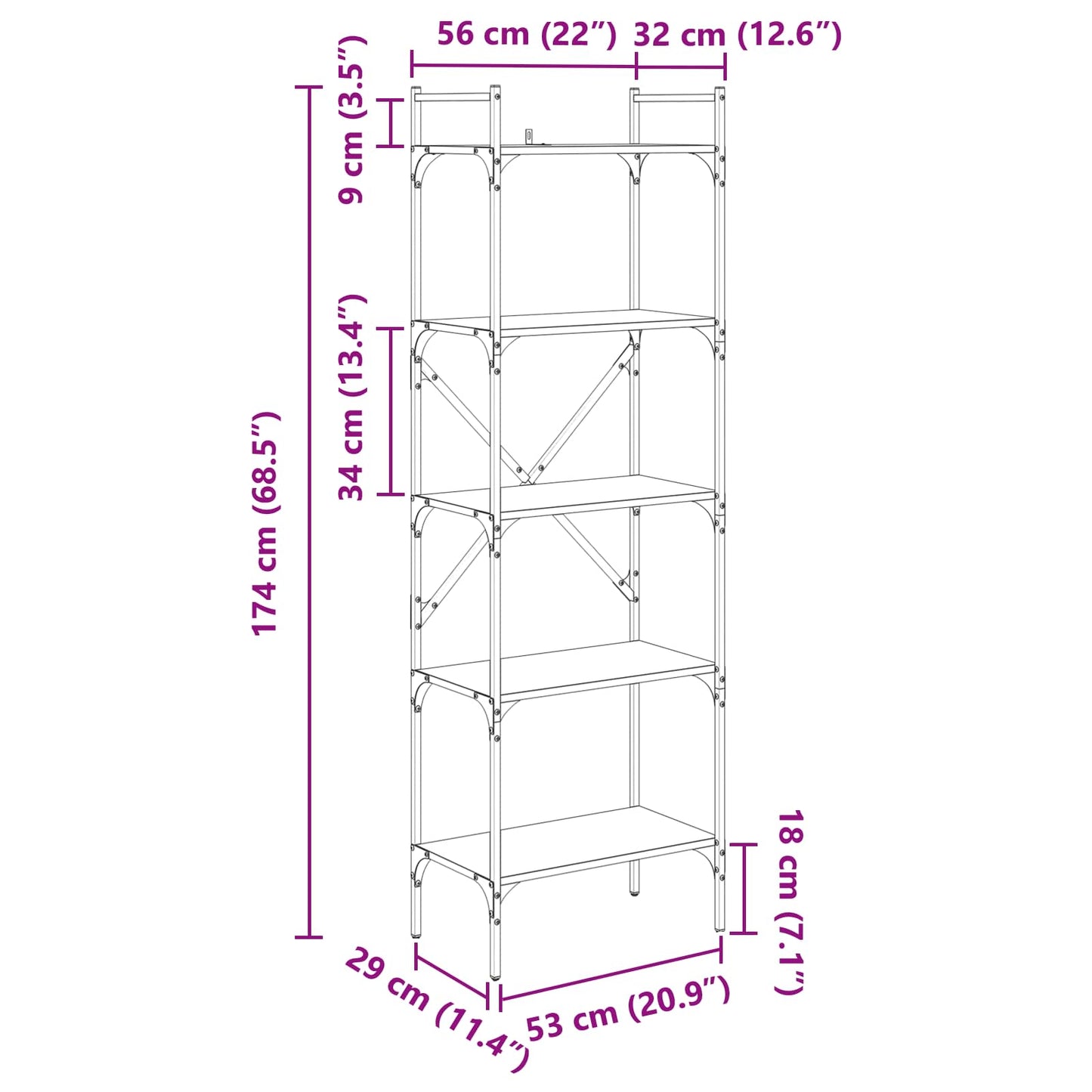 vidaXL Bücherregal Artisan-Eiche 56 x 32 x 174 cm Holzwerkstoff
