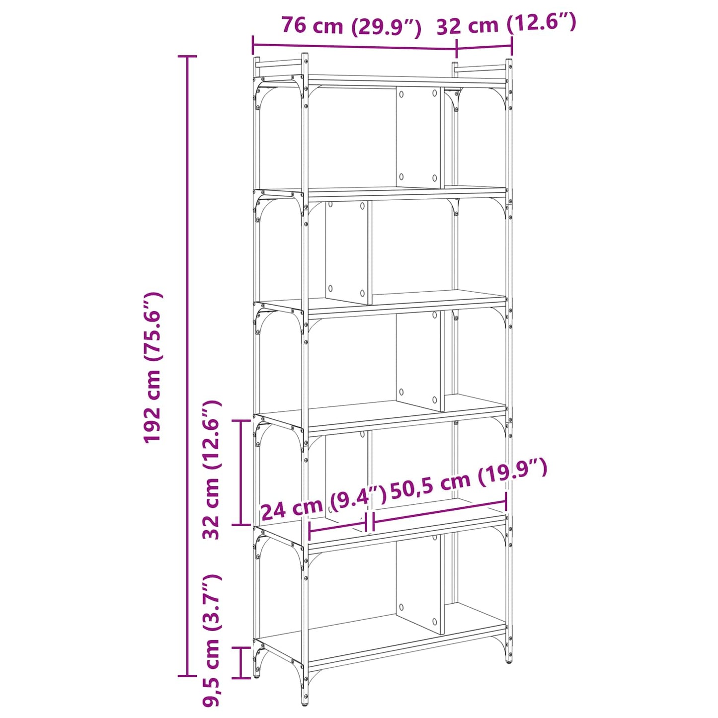 vidaXL Bücherregal Schwarz Eichen-Optik 76 x 32 x 192 cm Holzwerkstoff