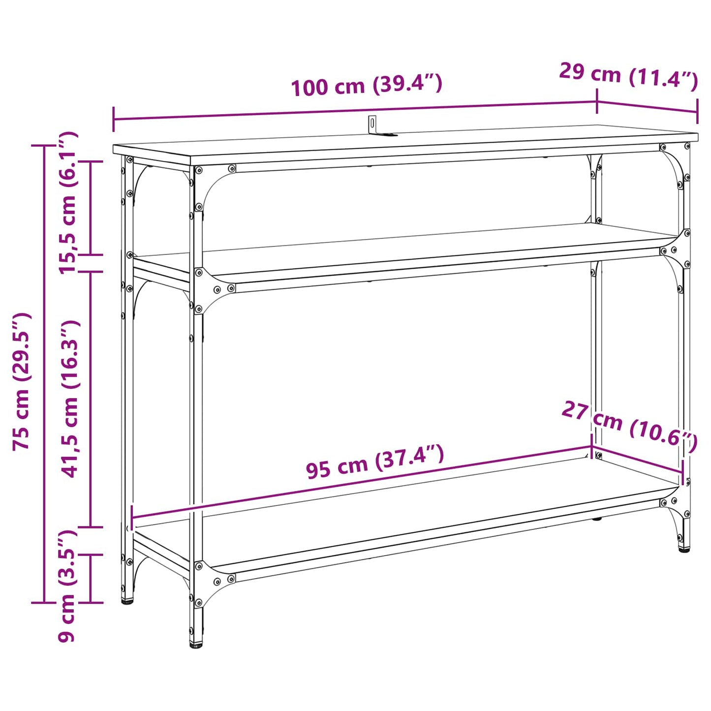 vidaXL Konsolentisch mit Regal Altholz 100 x 29 x 75 cm Holzwerkstoff