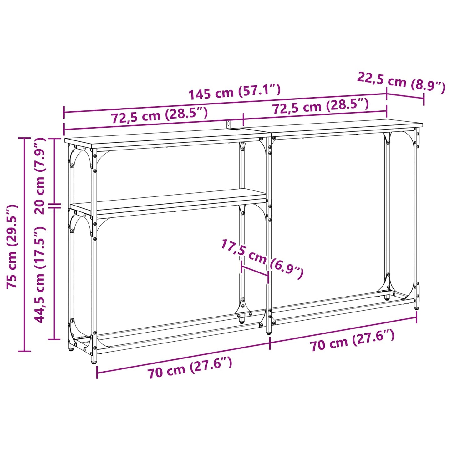 vidaXL Konsolentisch Artisan-Eiche 145 x 22,5 x 75 cm Holzwerkstoff