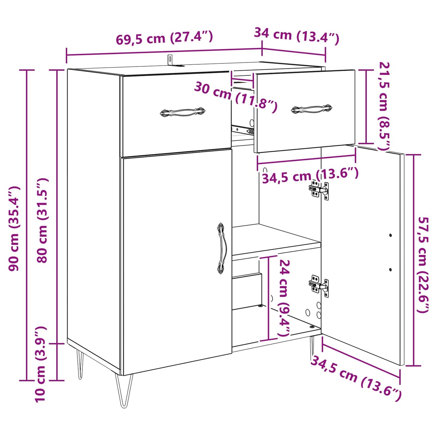 vidaXL Sideboard Artisan-Eiche 69,5 x 34 x 90 cm Holzwerkstoff