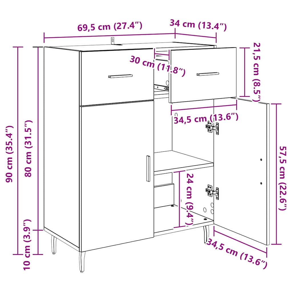 Sideboard Schwarz Eichen-Optik 69,5 x 34 x 90 cm Holzwerkstoff