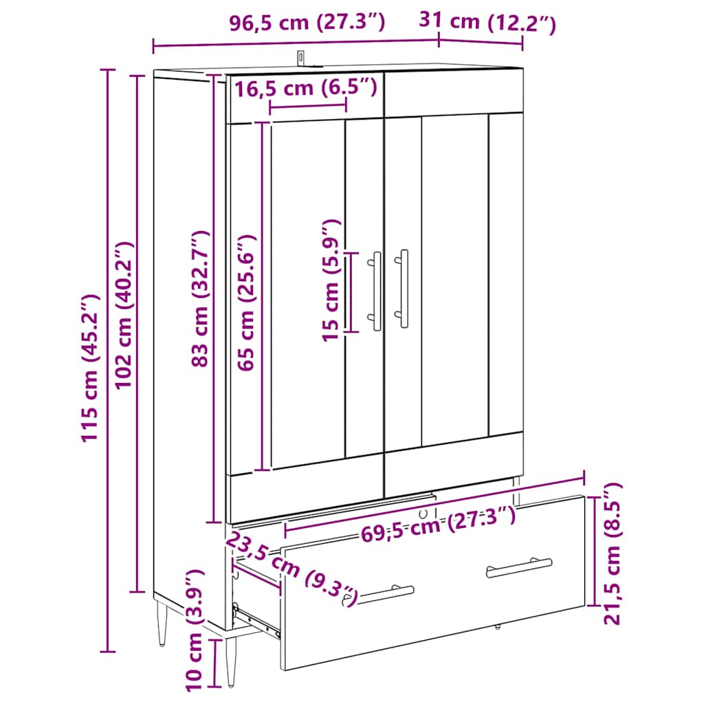vidaXL Highboard Schwarz Eichen-Optik 69,5 x 31 x 115 cm