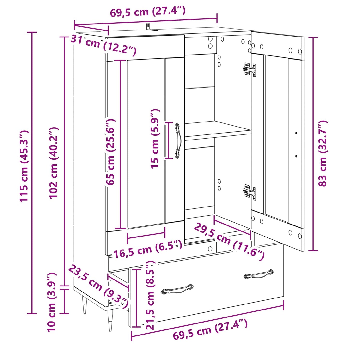 vidaXL Highboard Altholz 69,5 x 31 x 115 cm Holzwerkstoff