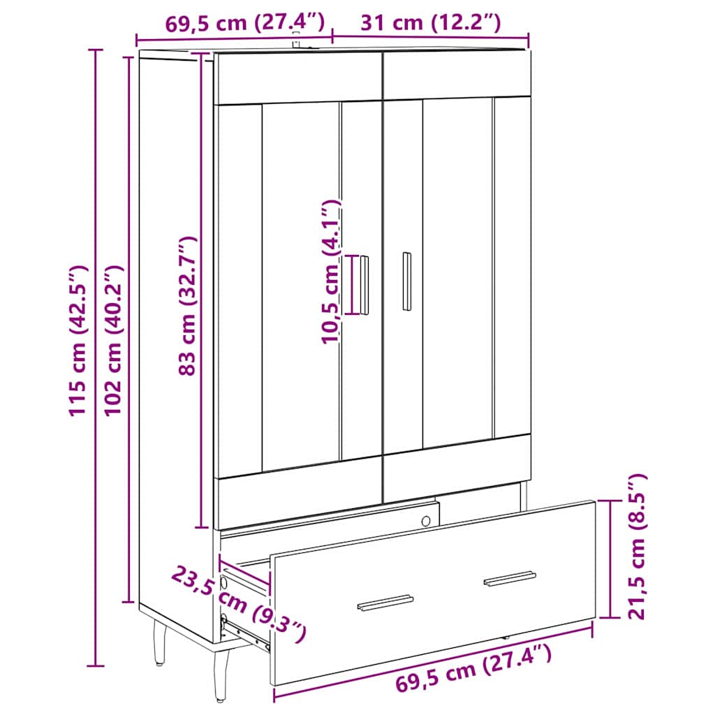 vidaXL Highboard Artisan-Eiche 69,5 x 31 x 115 cm Holzwerkstoff