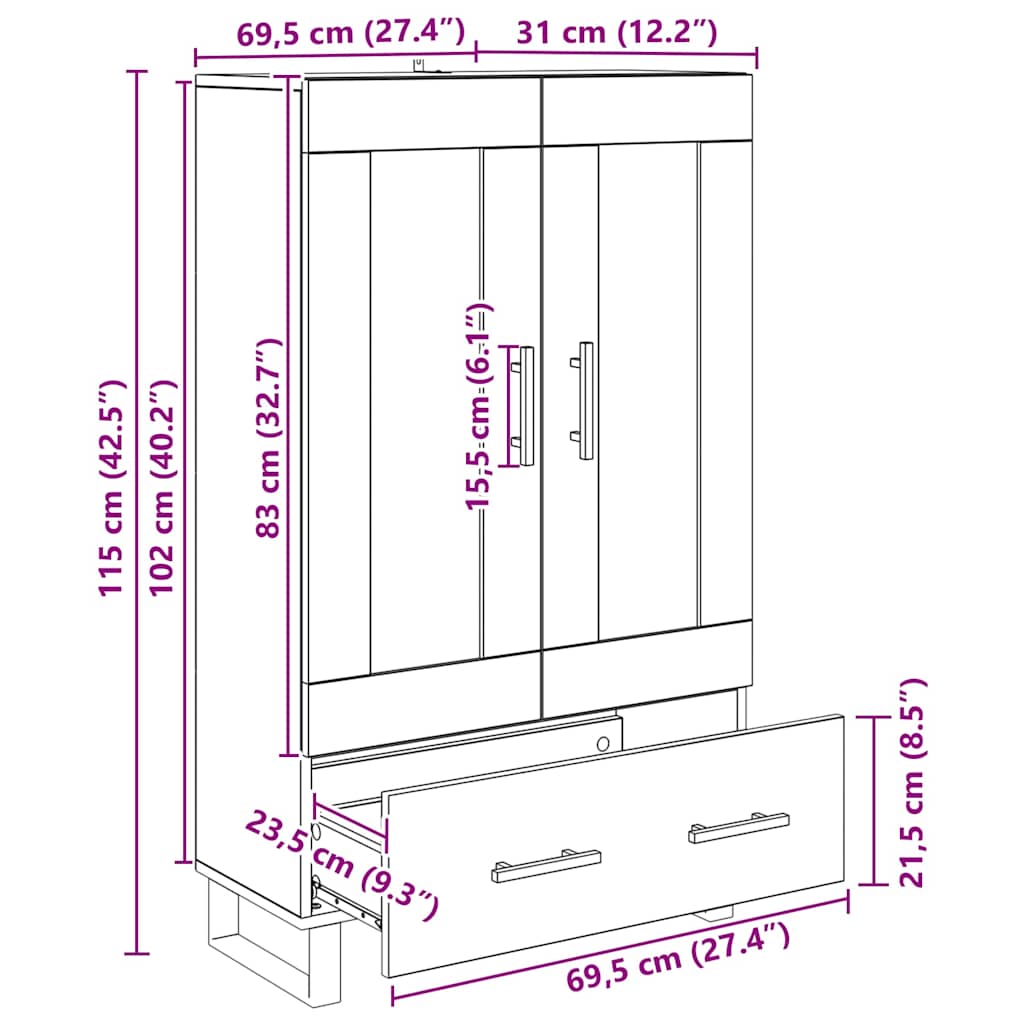 vidaXL Highboard Artisan-Eiche 69,5 x 31 x 115 cm Holzwerkstoff