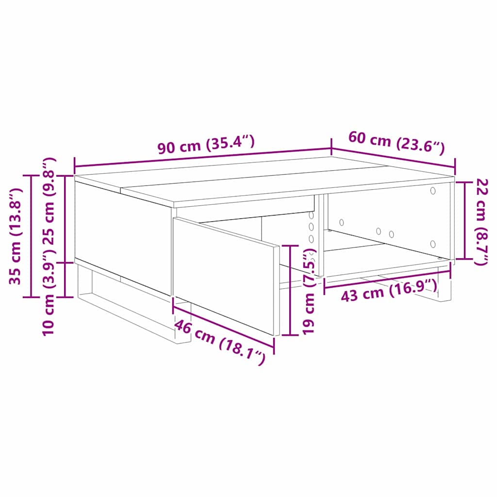 vidaXL Couchtisch Schwarz Eichen-Optik 90 x 60 x 35 cm Holzwerkstoff