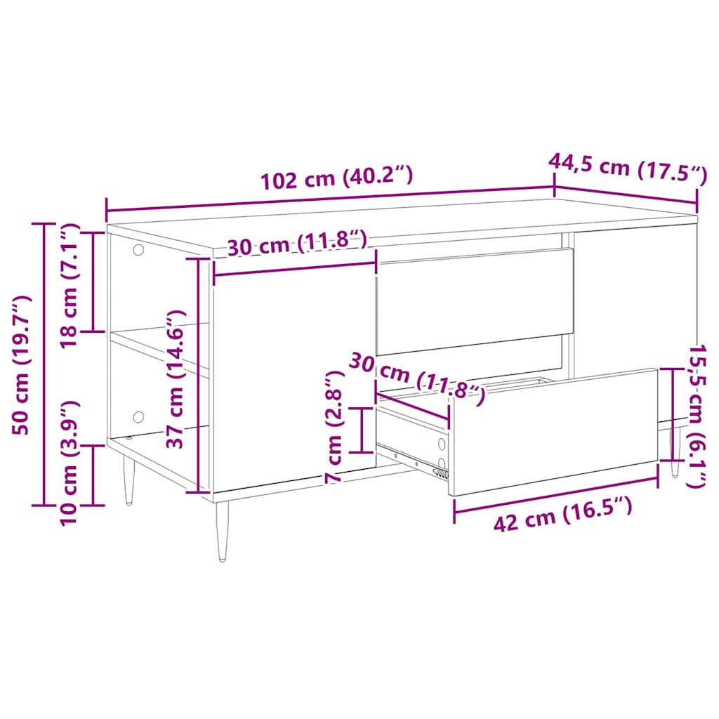 vidaXL Couchtisch Artisan-Eiche 102 x 44,5 x 50 cm Holzwerkstoff