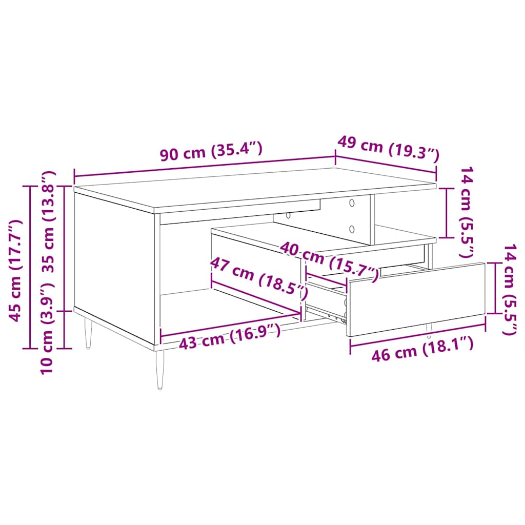 vidaXL Couchtisch Artisan-Eiche 90 x 49 x 45 cm Holzwerkstoff