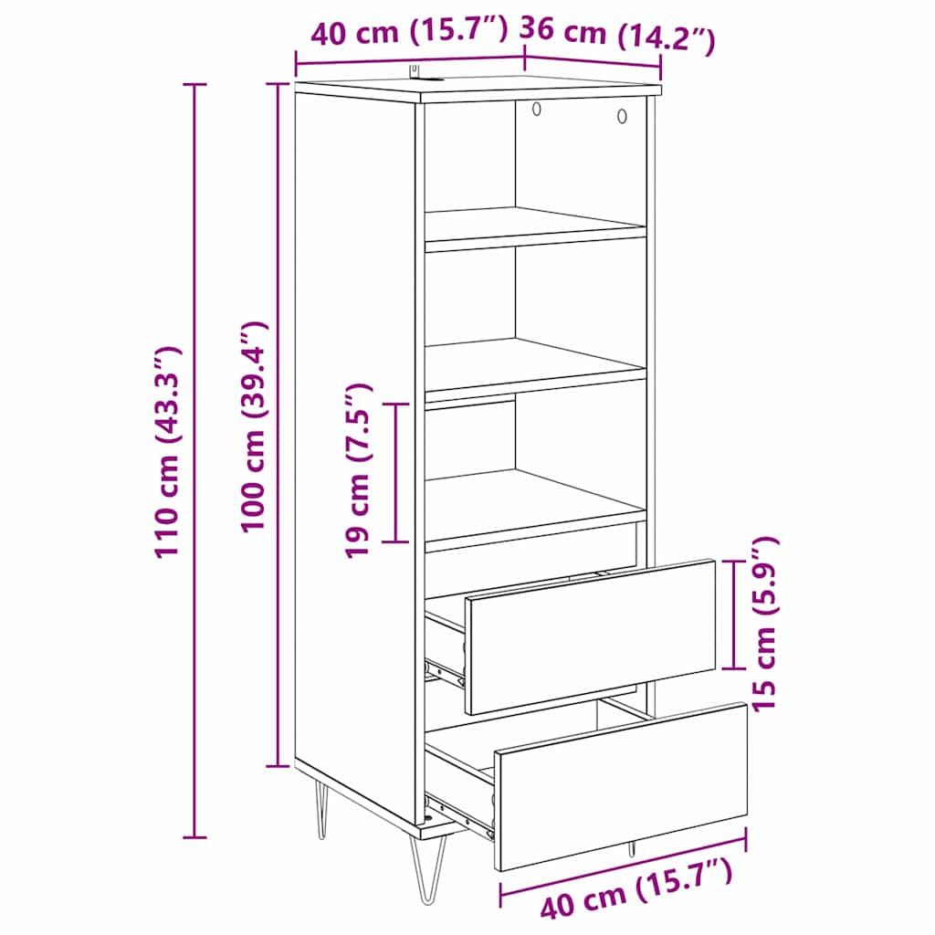 vidaXL Highboard mit Schubladen Altholz 40 x 36 x 110 cm Holzwerkstoff