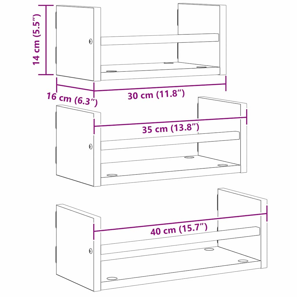 vidaXL Wandregal-Set 3 pcs Artisan-Eiche 40x16x14cm Holzwerkstoff