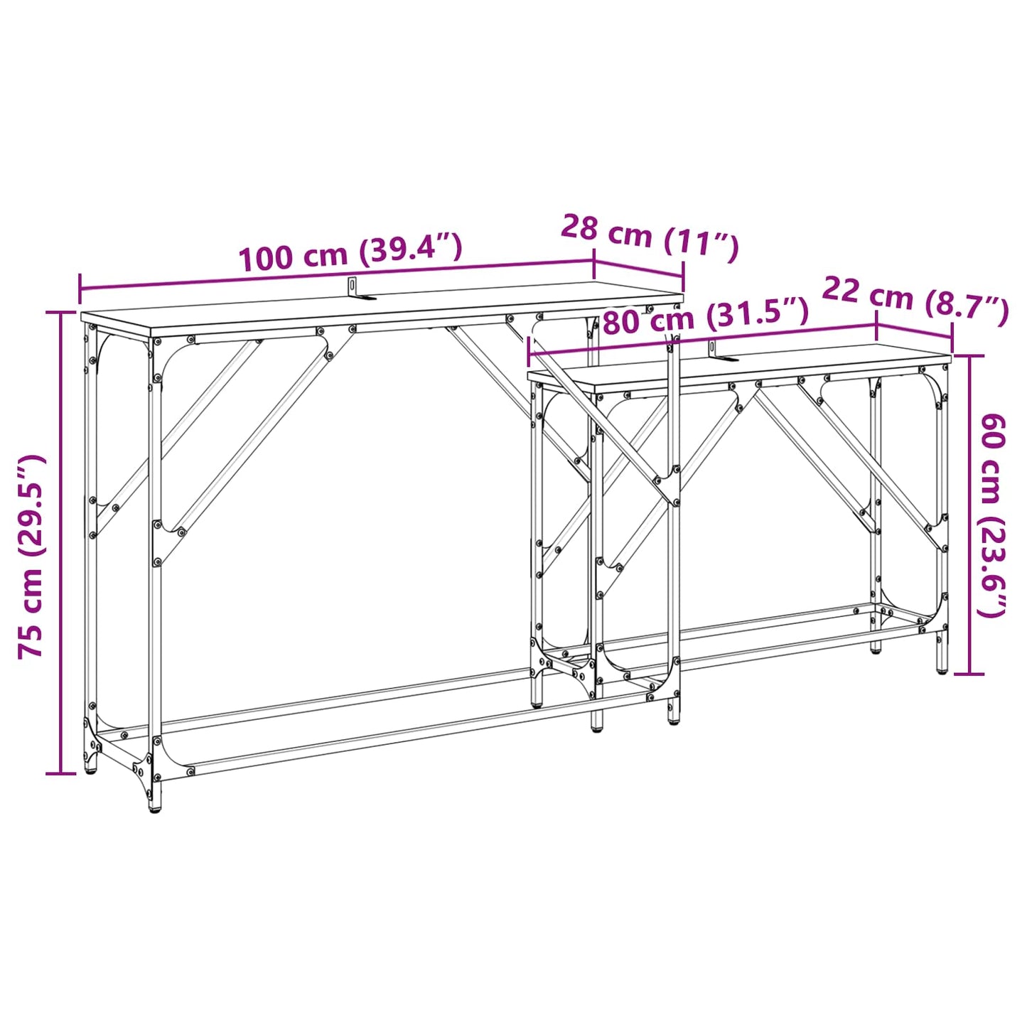 vidaXL Konsolentisch 2 pcs Artisan-Eiche 100 x 28 x 75 cm