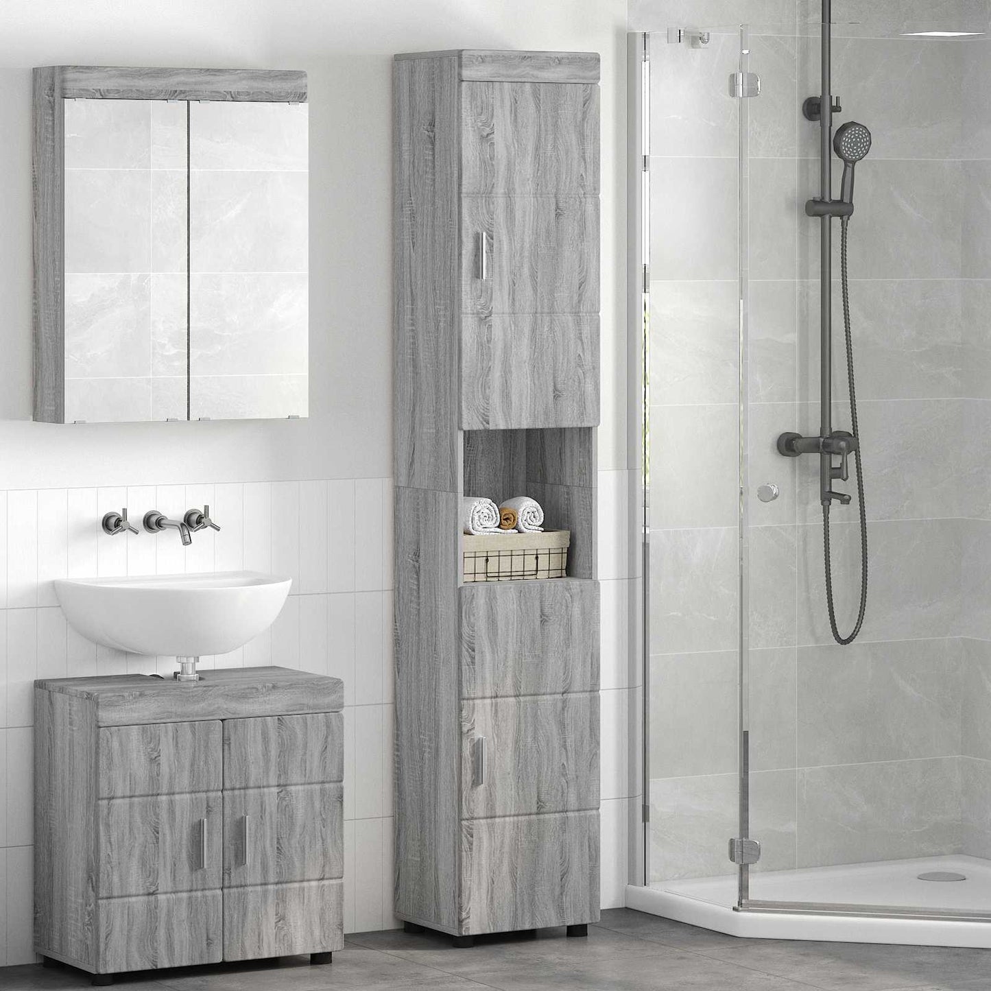 vidaXL Badezimmerschrank-Set TULUM Graues Sonoma 37 x 31,5 x 203 cm
