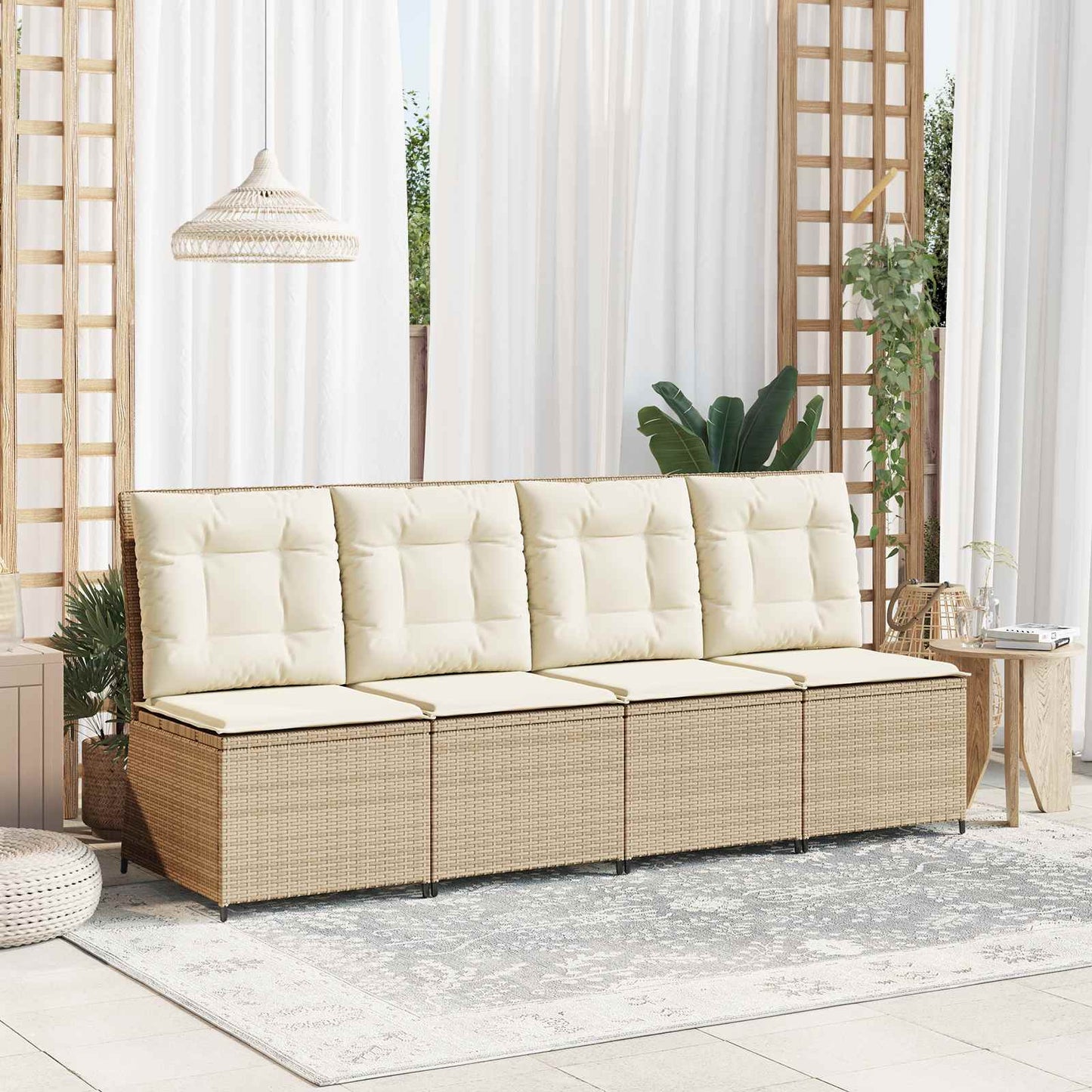 Garten-Sofa mit Kissen Schwarz und Cremeweiß Poly-Rattan