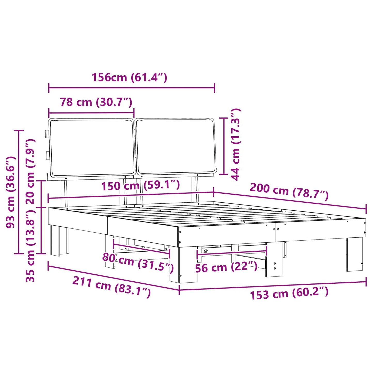 Bettgestell mit gepolstertem Kopfteil Dunkelgrau 150 x 200 cm