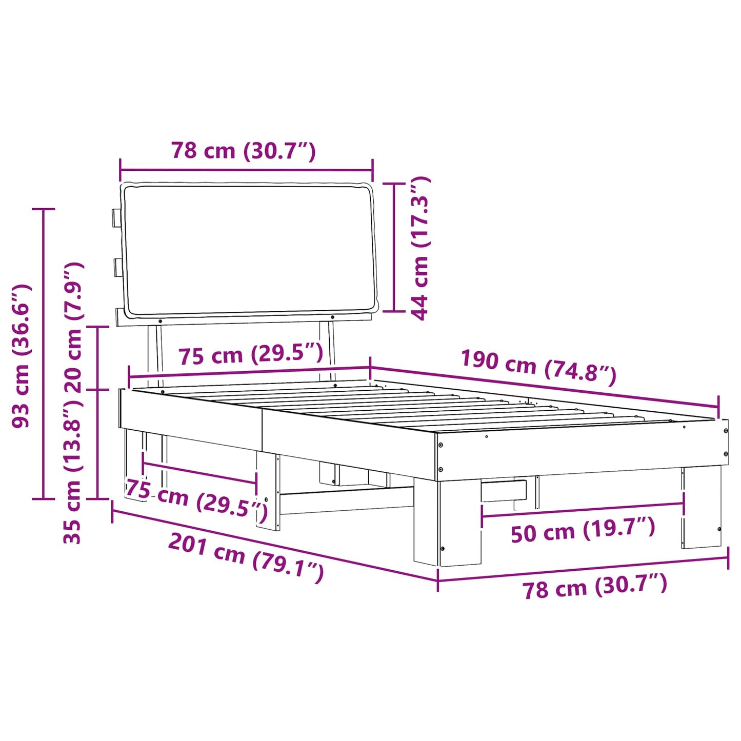vidaXL Bettgestell mit gepolstertem Kopfteil Schwarz 75 x 190 cm