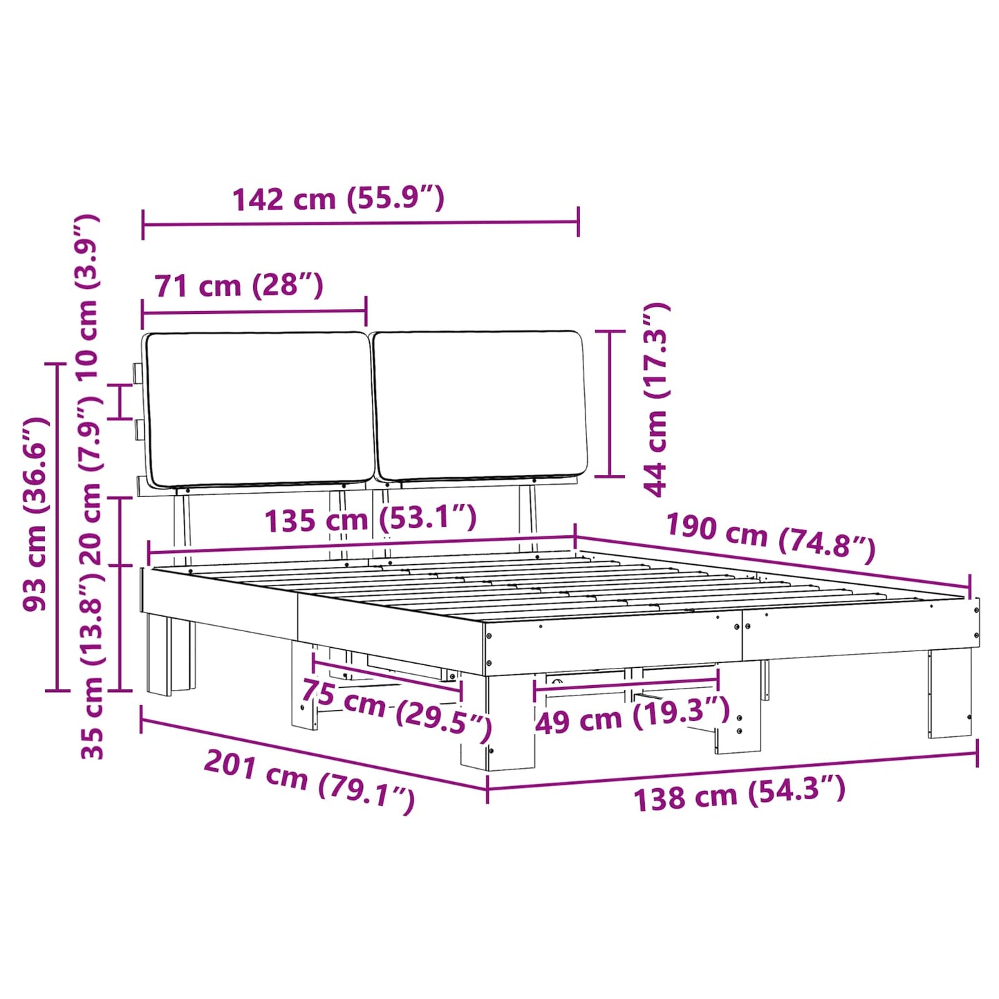 Bettgestell mit gepolstertem Kopfteil Schwarz 135 x 190 cm