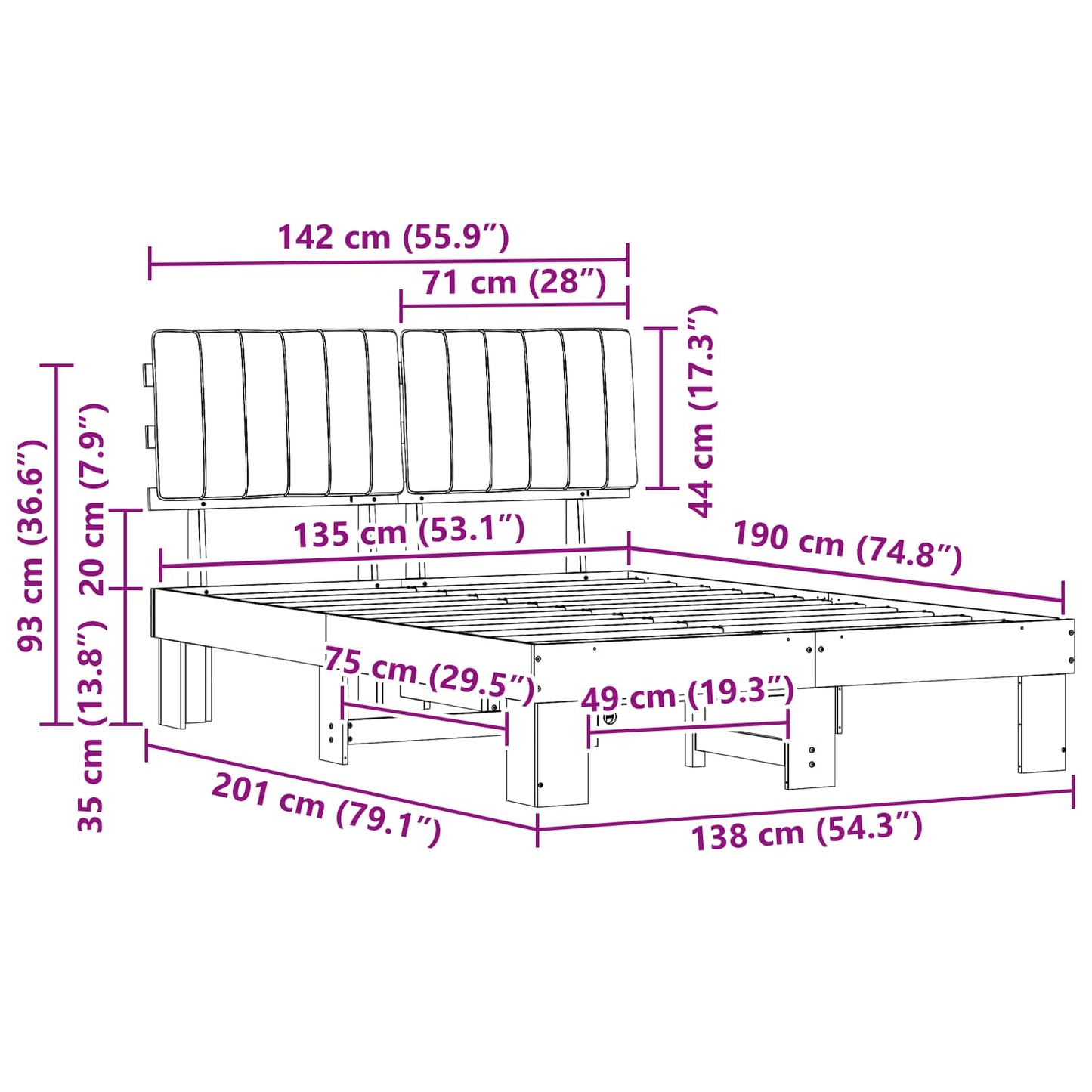 Bettgestell mit gepolstertem Kopfteil Hellgrau 135 x 190 cm