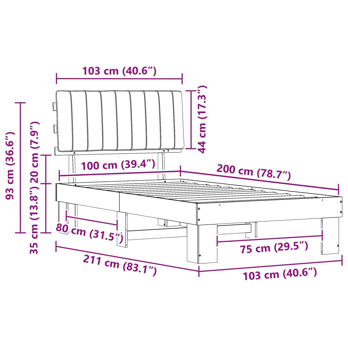Bettgestell mit gepolstertem Kopfteil Dunkelgrau 100 x 200 cm