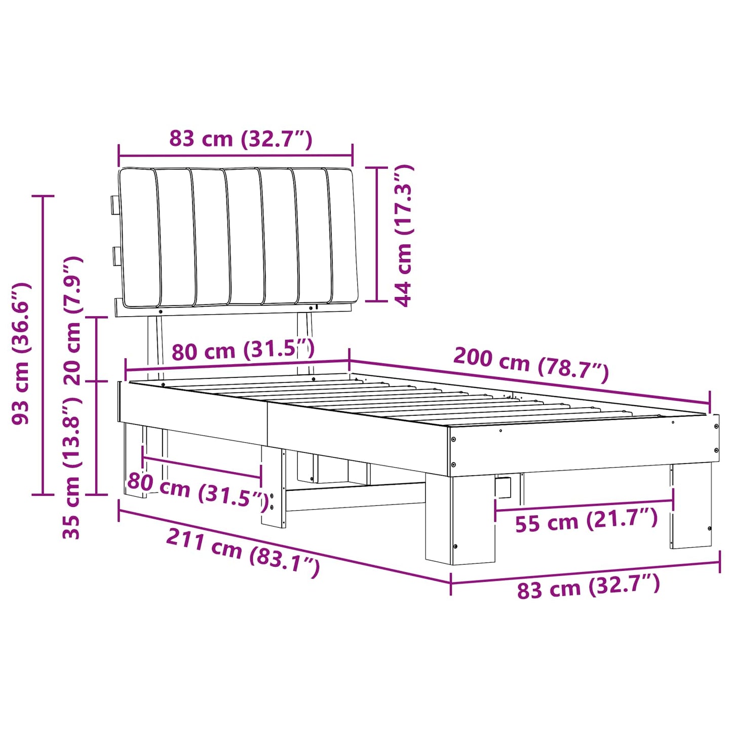 vidaXL Bettgestell mit gepolstertem Kopfteil Schwarz 80 x 200 cm