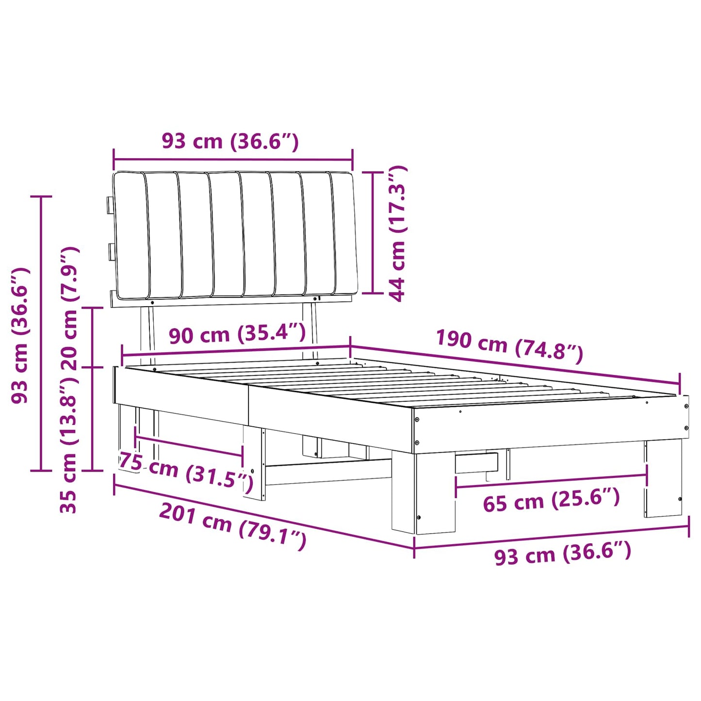Bettgestell mit gepolstertem Kopfteil Schwarz 90 x 190 cm