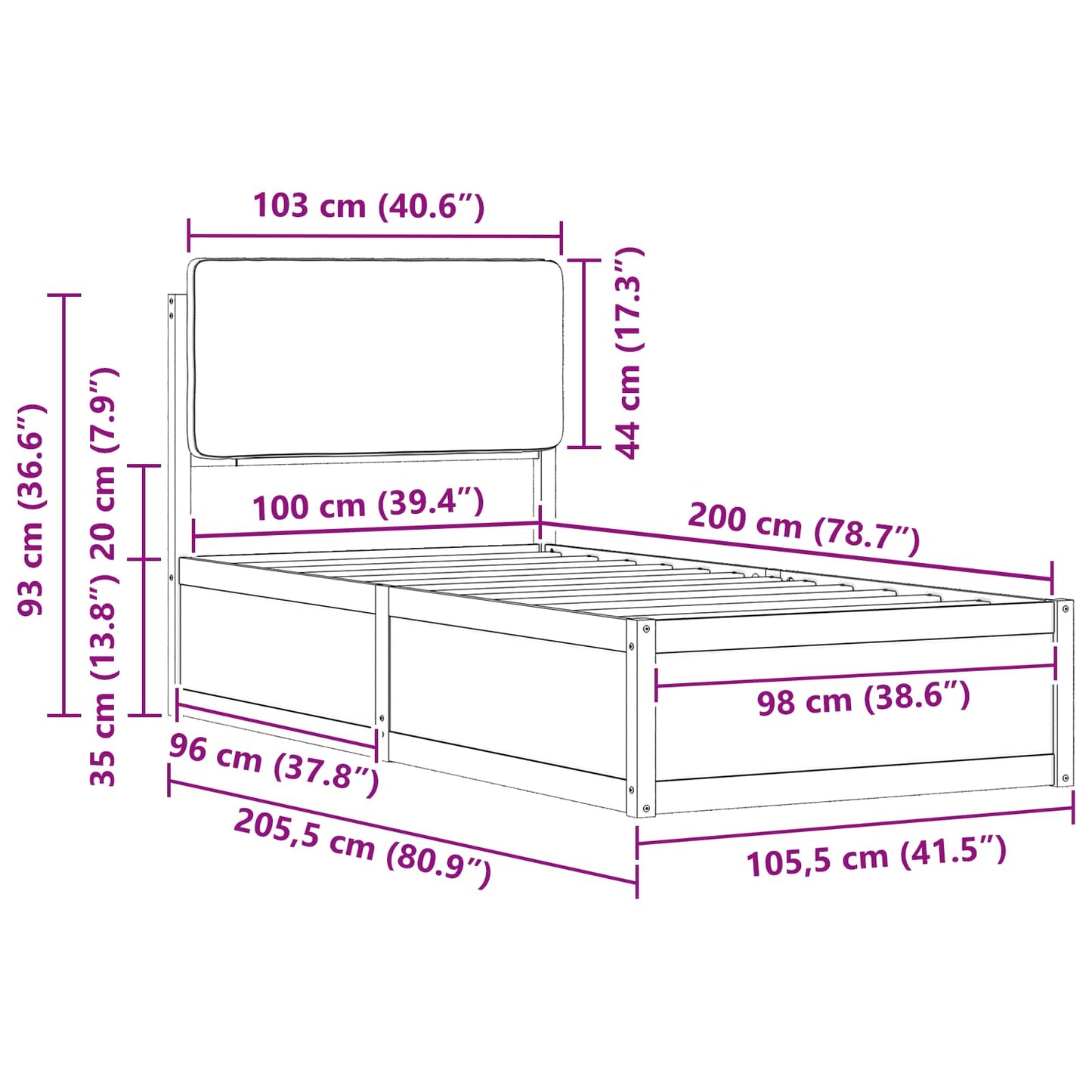 Bettgestell mit gepolstertem Kopfteil Hellgrau 100 x 200 cm