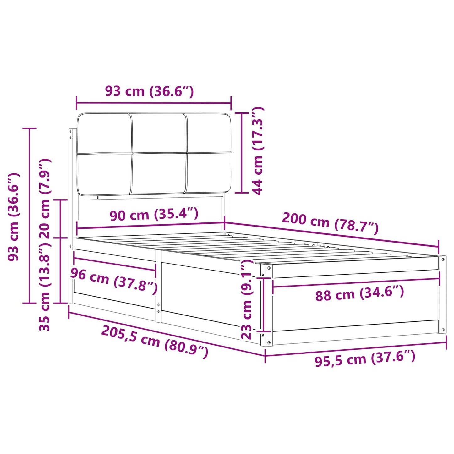 vidaXL Bettgestell mit gepolstertem Kopfteil Hellgrau 90 x 200 cm