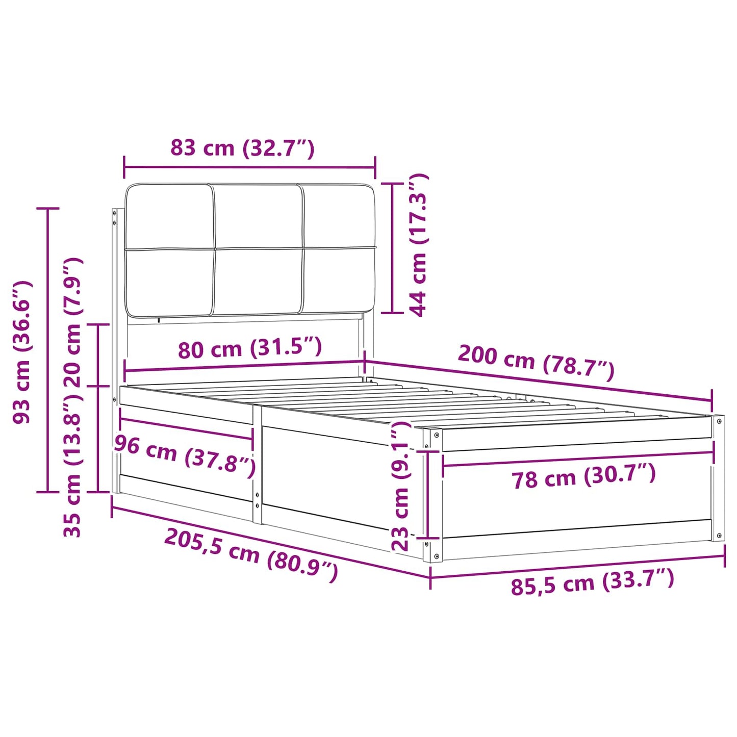Bettgestell mit gepolstertem Kopfteil Schwarz 80 x 200 cm