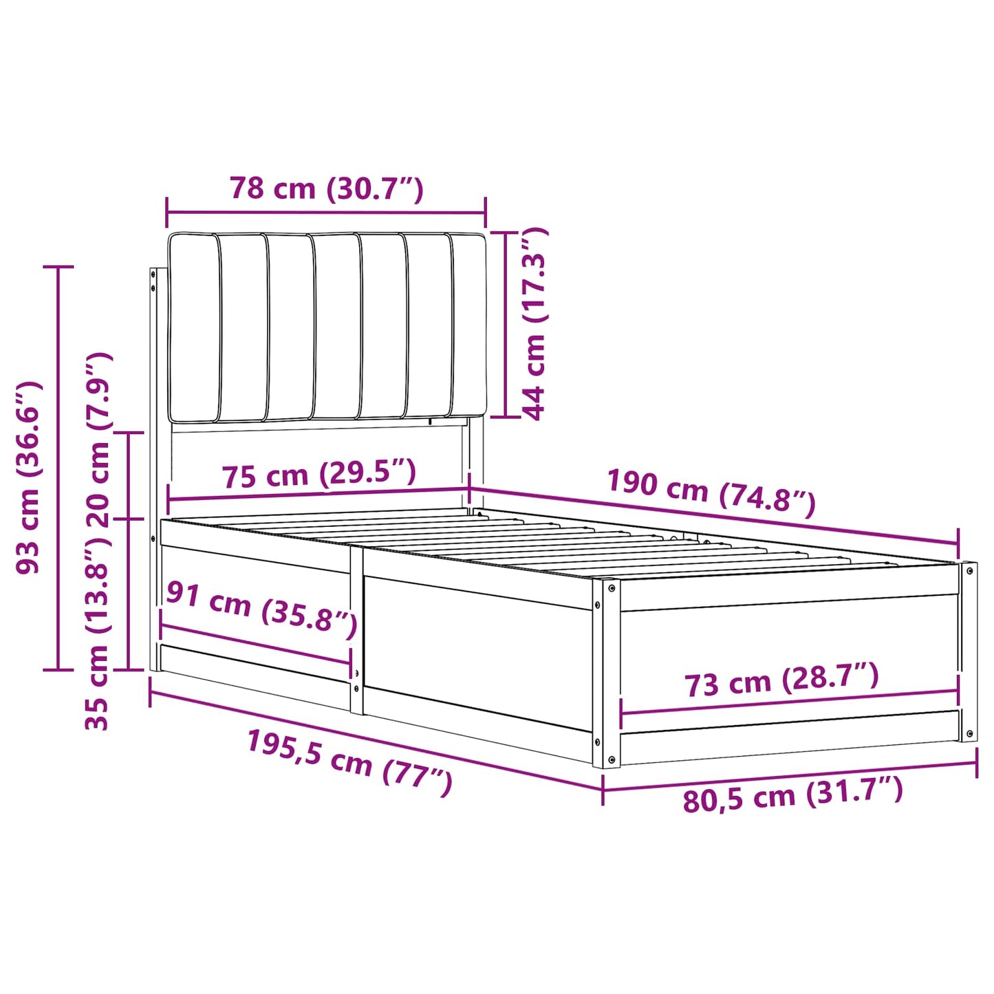 vidaXL Bettgestell mit gepolstertem Kopfteil Schwarz 75 x 190 cm