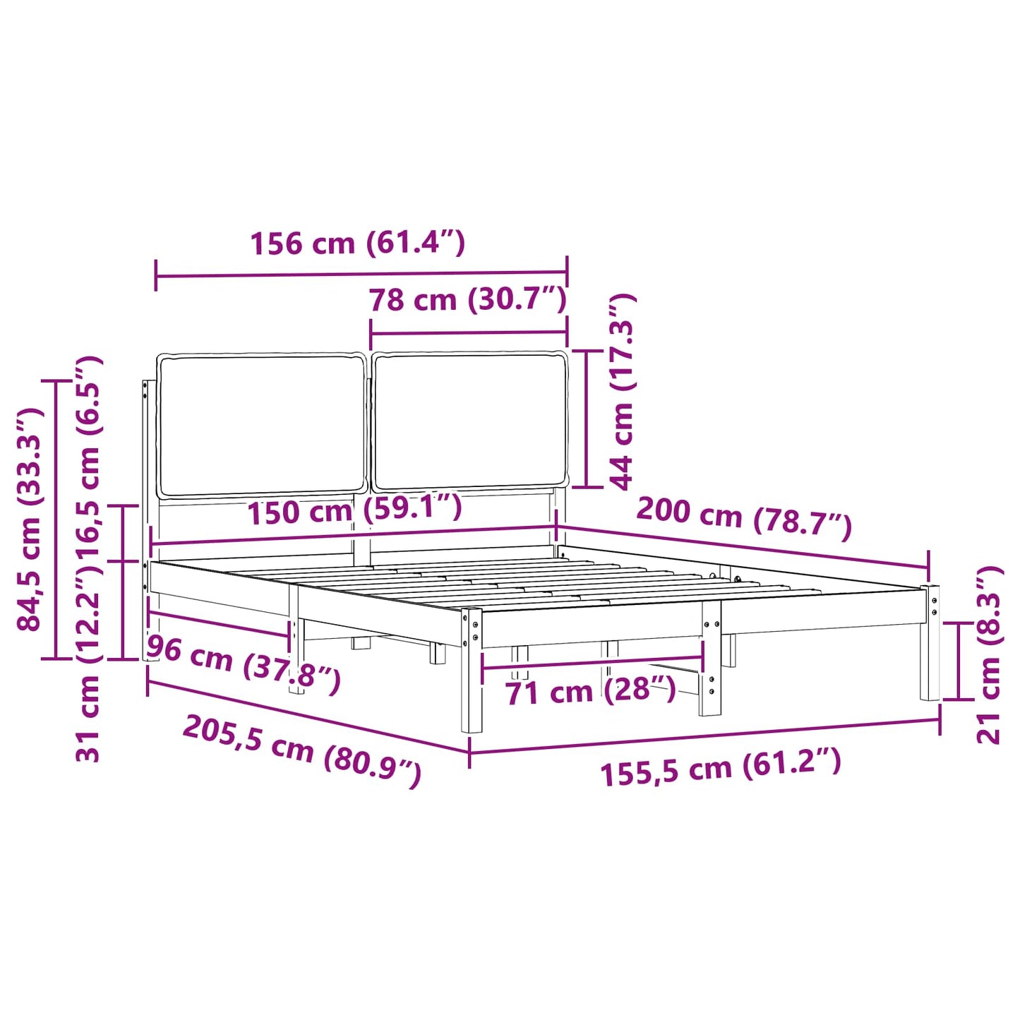 Bettgestell mit gepolstertem Kopfteil Schwarz 150 x 200 cm
