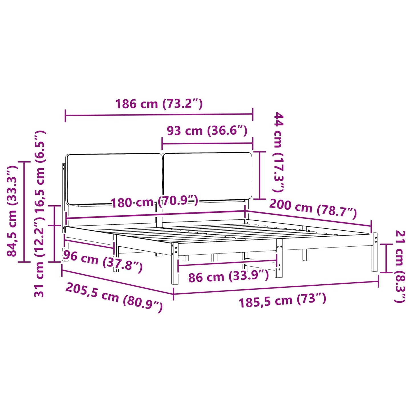 Bettgestell mit gepolstertem Kopfteil Schwarz 180 x 200 cm