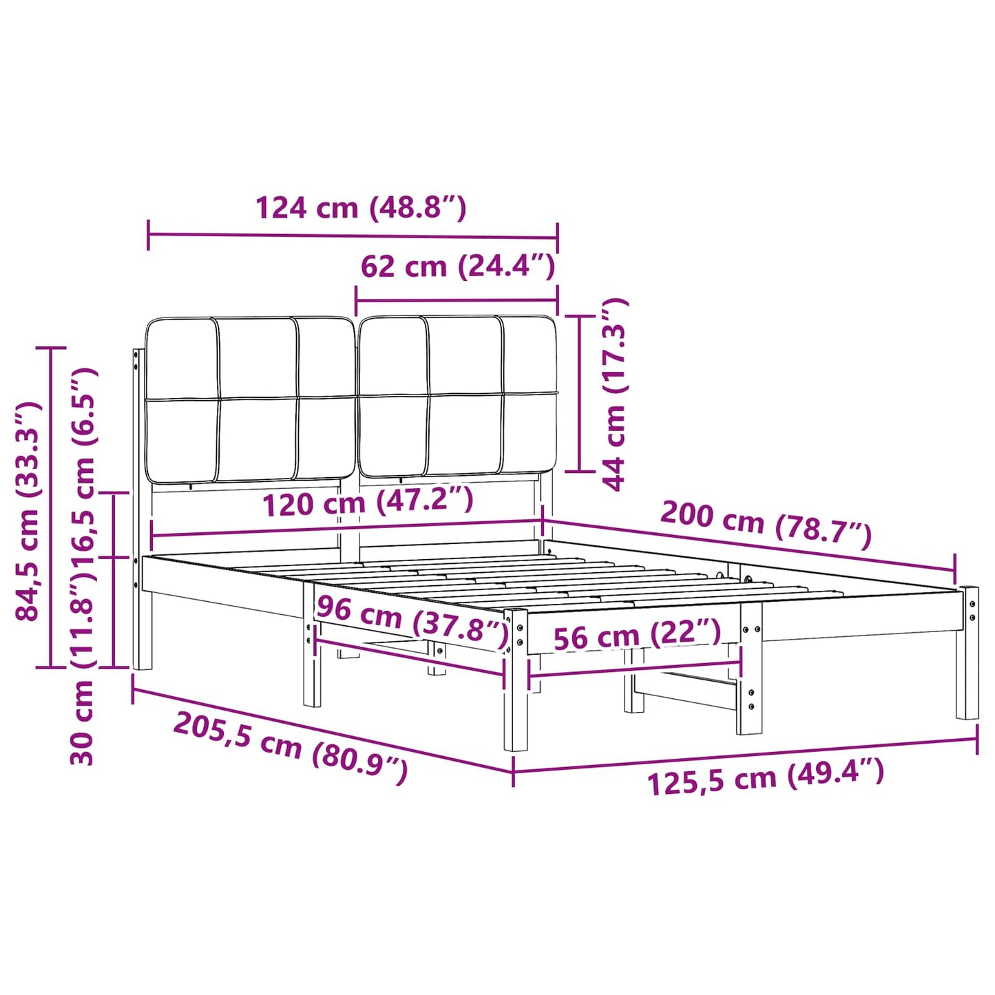 Bettgestell mit gepolstertem Kopfteil Schwarz 120 x 200 cm
