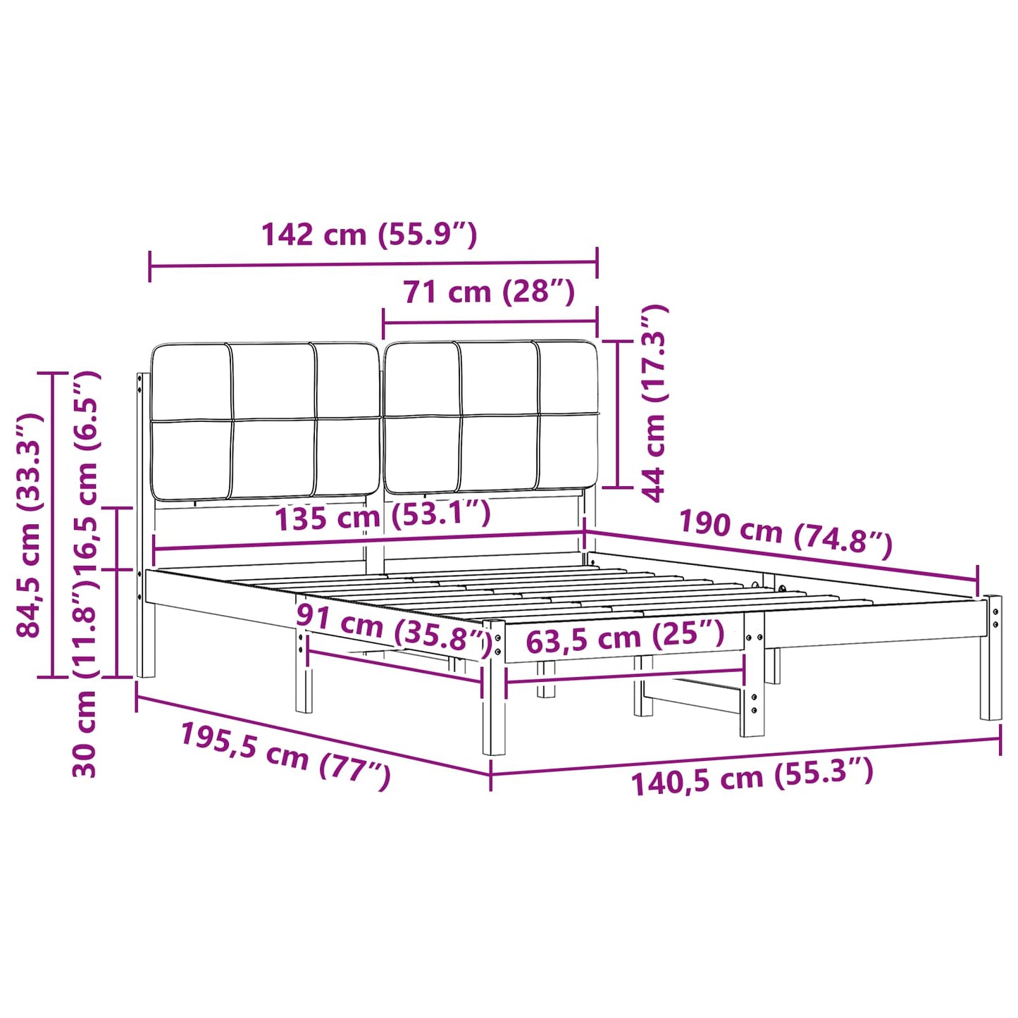 vidaXL Bettgestell mit gepolstertem Kopfteil Dunkelgrau 135 x 190 cm