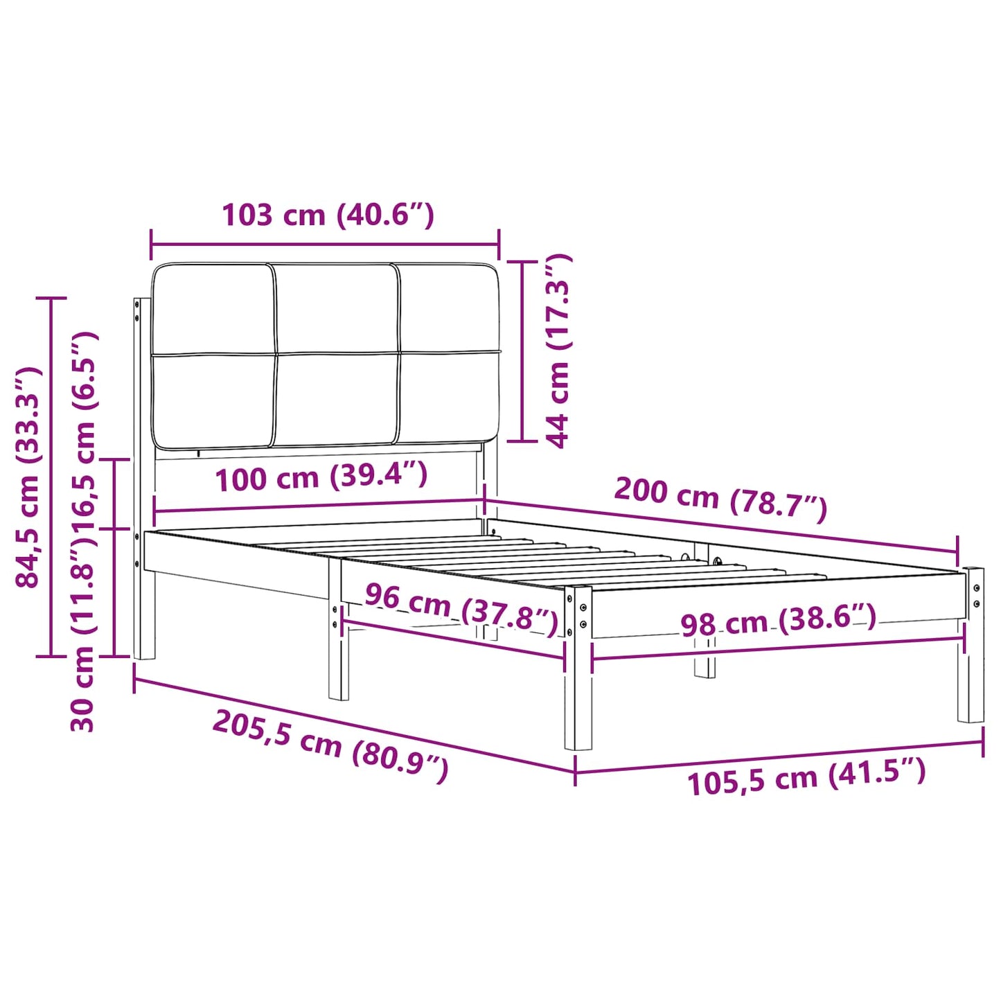 vidaXL Bettgestell mit gepolstertem Kopfteil Schwarz 100 x 200 cm