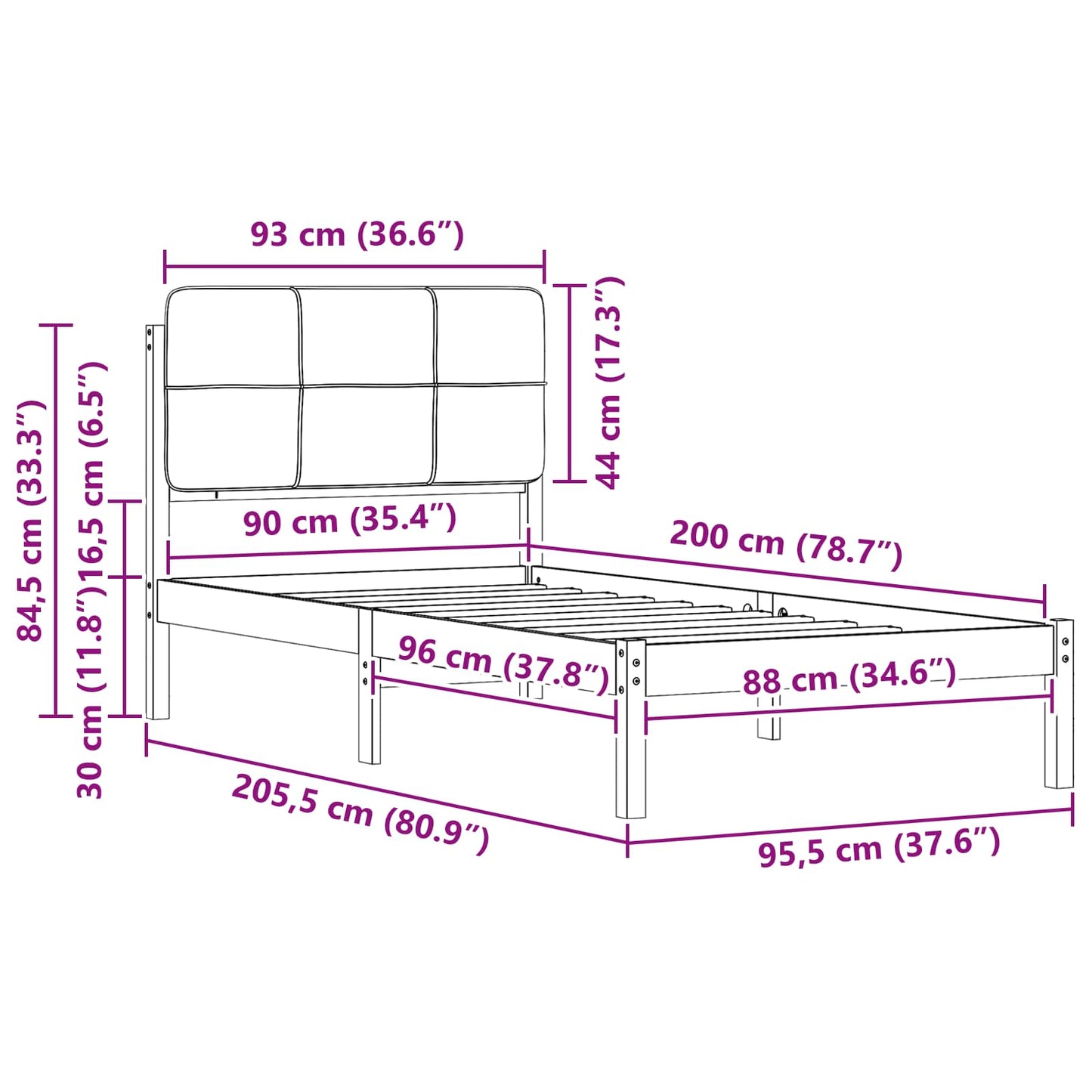 Bettgestell mit gepolstertem Kopfteil Schwarz 90 x 200 cm
