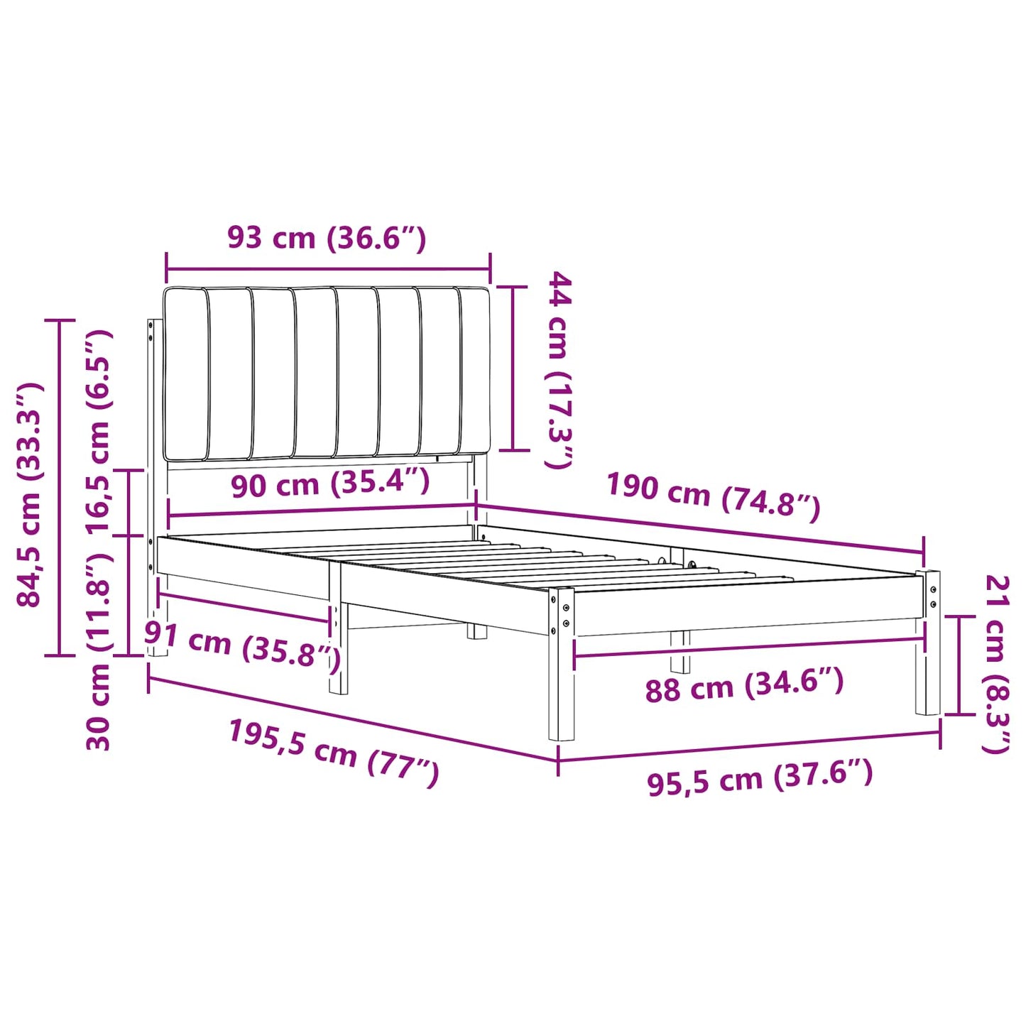 Bettgestell mit gepolstertem Kopfteil Hellgrau 90 x 190 cm