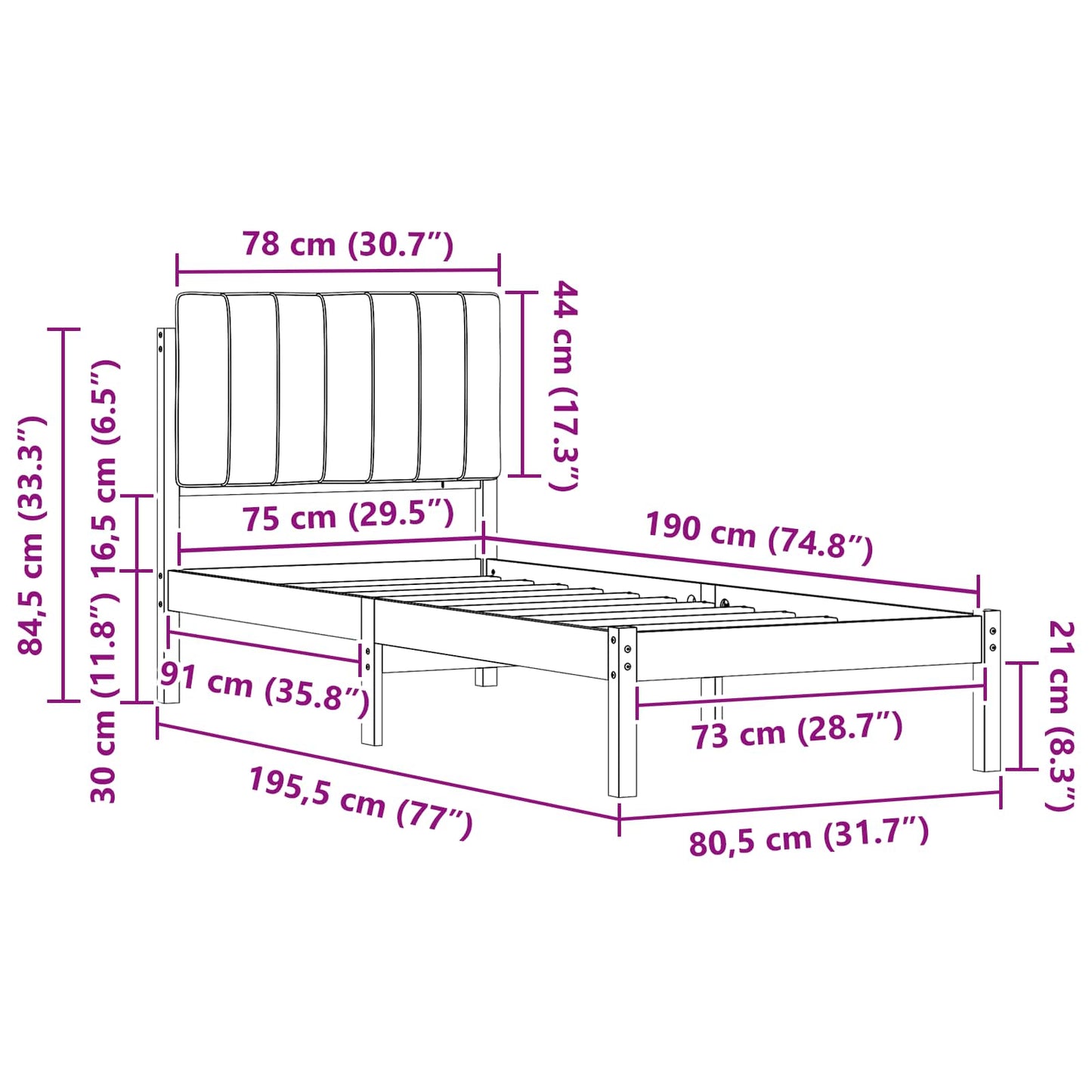 Bettgestell mit gepolstertem Kopfteil Hellgrau 75 x 190 cm