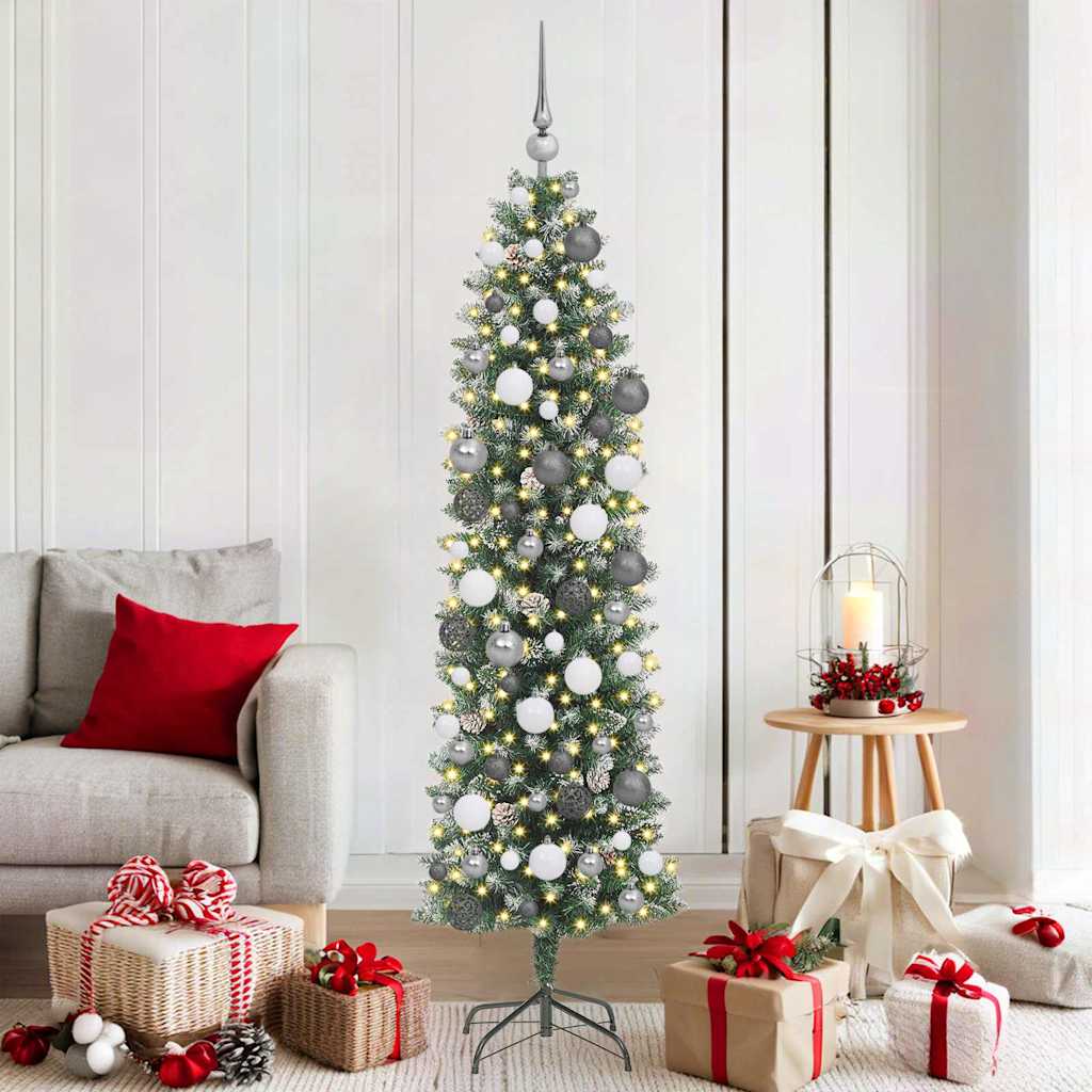 vidaXL Sapin de Noël artificiel élancé Vert et blanc 180 cm