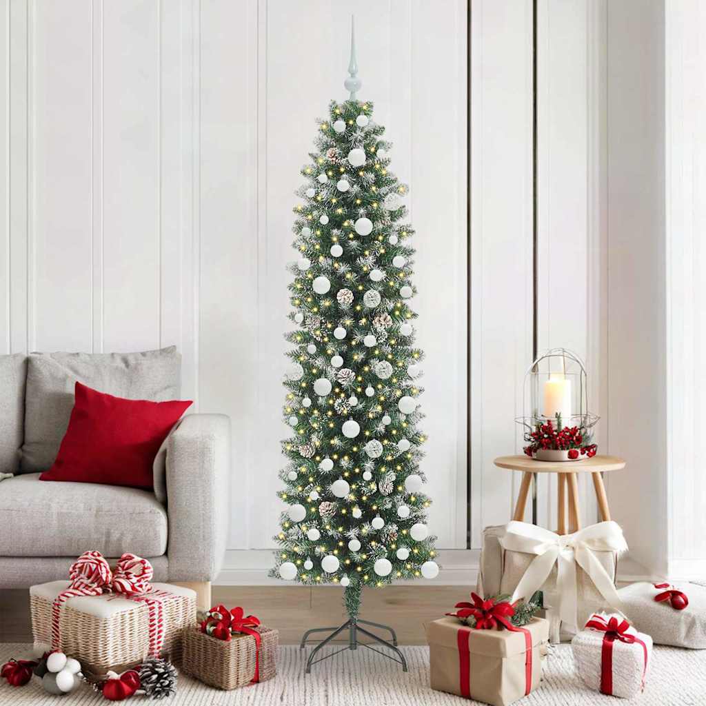 vidaXL Sapin de Noël artificiel élancé Vert et blanc 180 cm