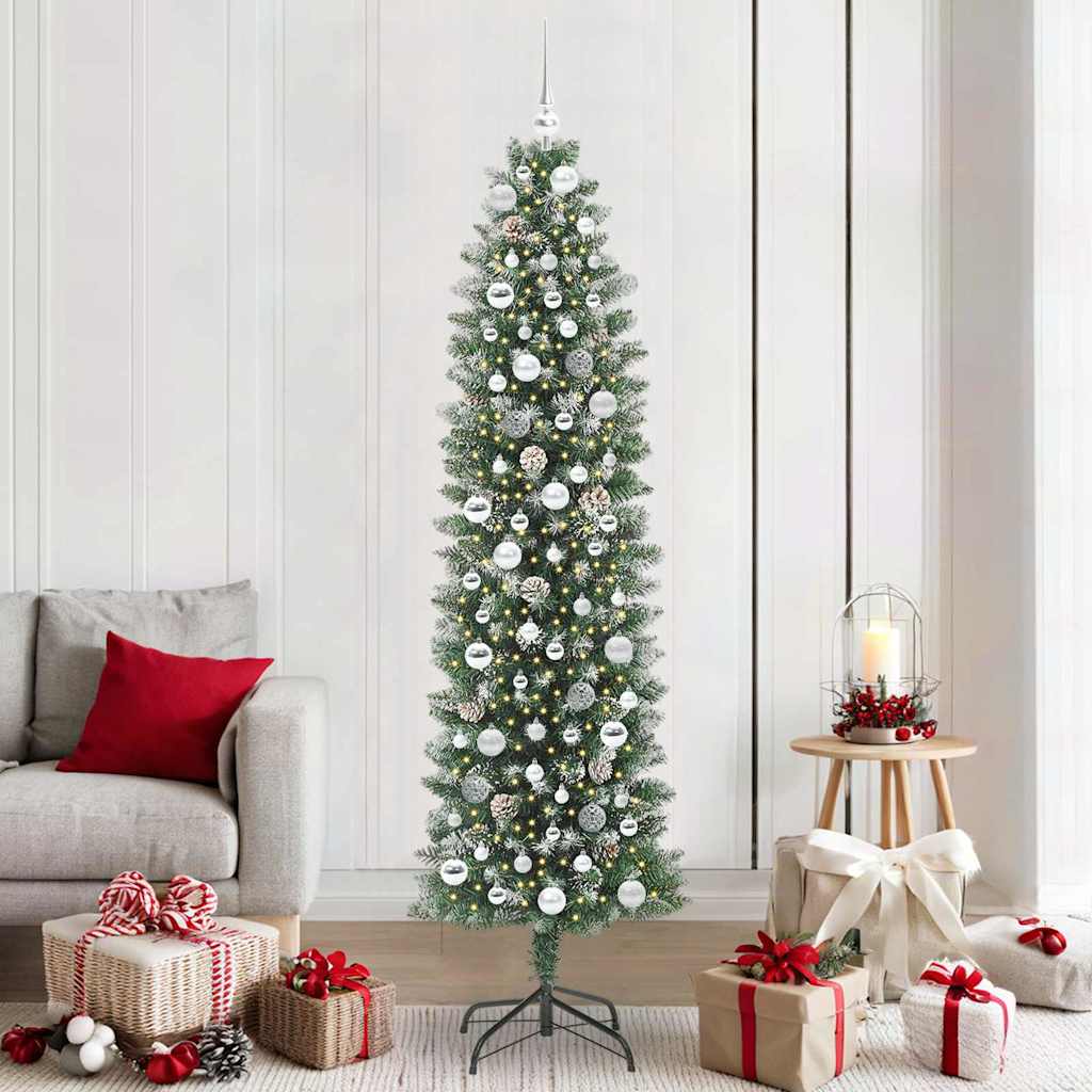 vidaXL Künstlicher schlanker Weihnachtsbaum Grün und Weiß 210 cm