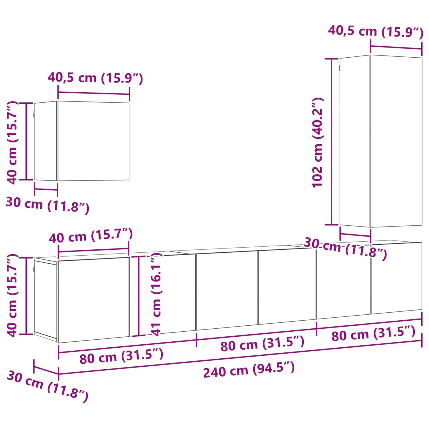 vidaXL TV-Wandmöbel Wandmontiert 5 pcs Altholz Holzwerkstoff